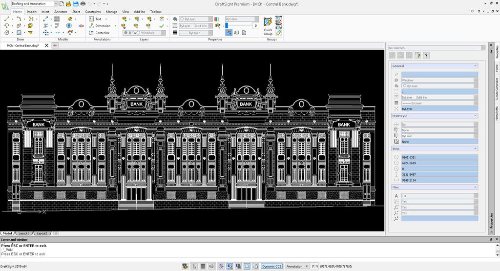 DraftSight CAD programı arayüzü